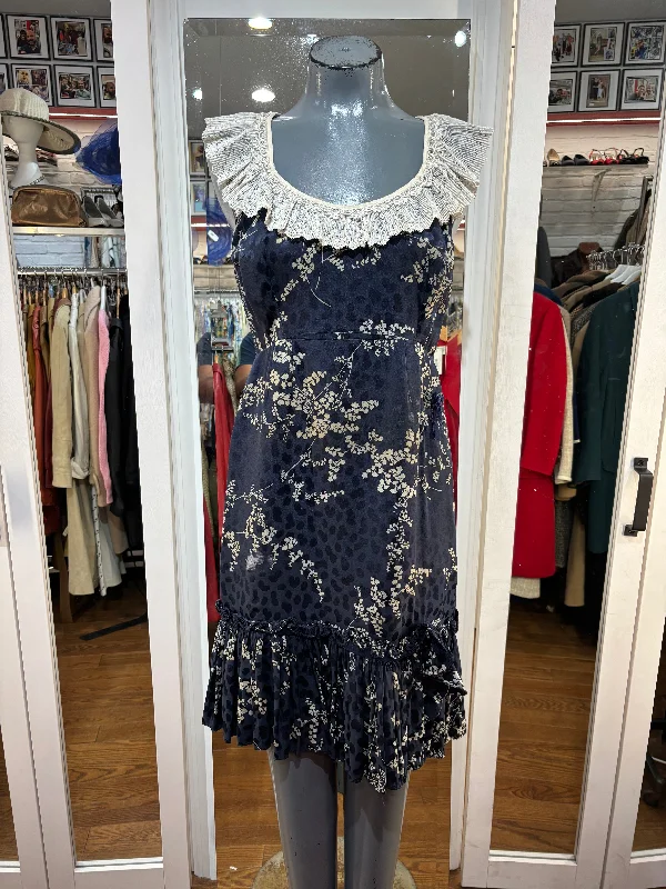 40s Navy Blue And Beige Floral Dress With Lace Collar Tunics Prom sequined