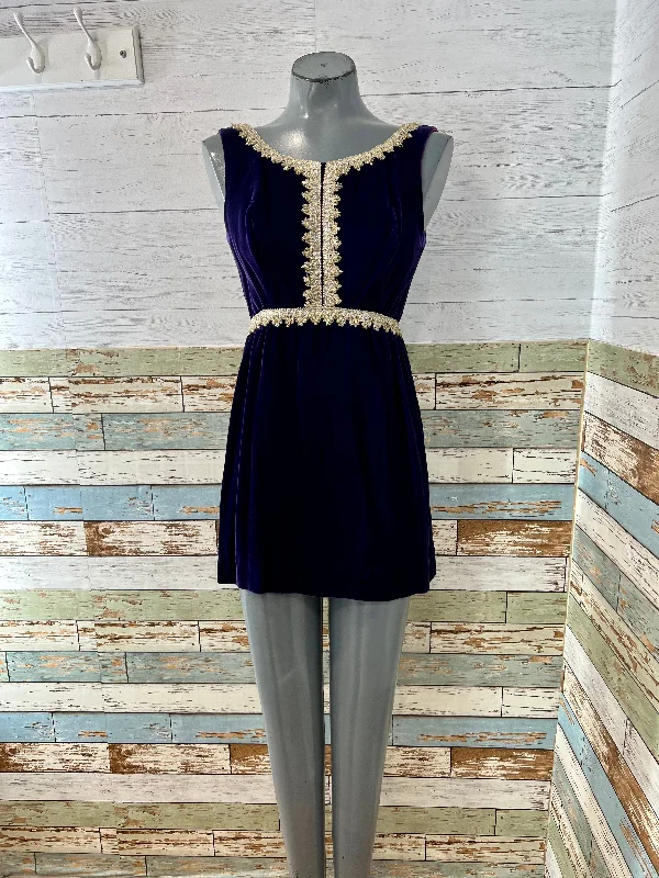 60’s Mini Purple Velvet Dress with Metallic Mesh Trim Details Boat Neckline Classic