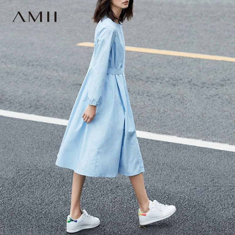 Amii Minimalist Casual Women Dress 2018 Solid O-Neck Puff Sleeve Drap Mid-Calf Dress Tunics Designer luxury