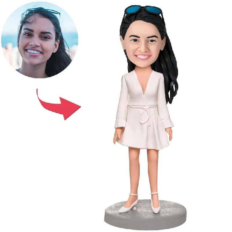 Custom Beautiful Girl Wear White Dress Bobbleheads With Engraved Text Tunics Leisure comfortable