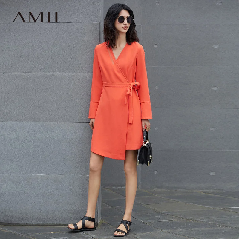 Amii Minimalist Casual Women Dress 2018 V-Neck Knee High Long Sleeve Solid Dresses Tunics Handmade artisanal