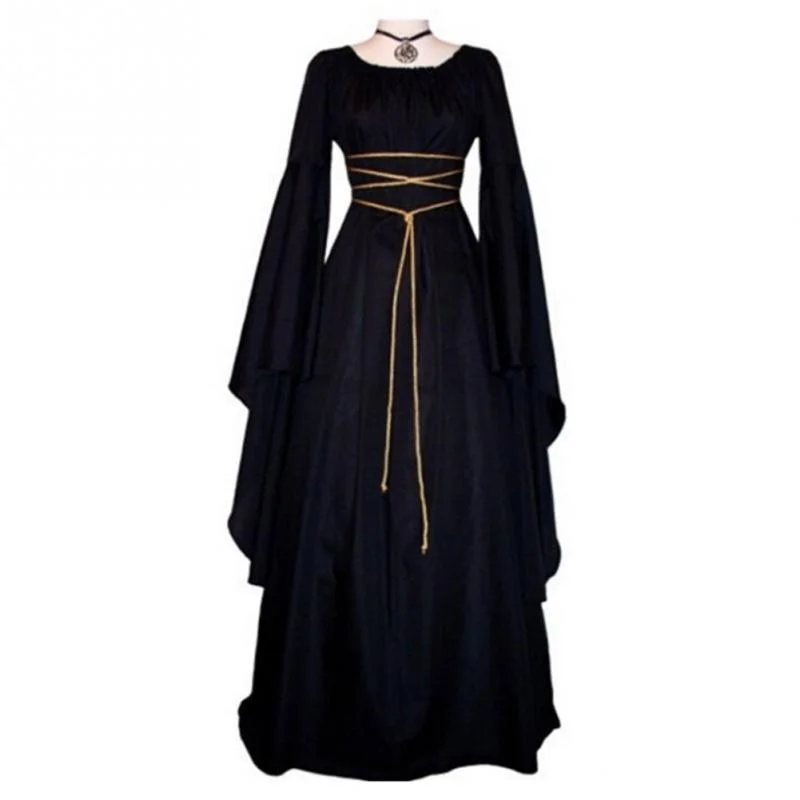 Women Gown Halloween Dress Evening Party Long Sleeve Gothic Medieval Crew Neck Ladies Party Cosplay Dress Halter Neckline Beach