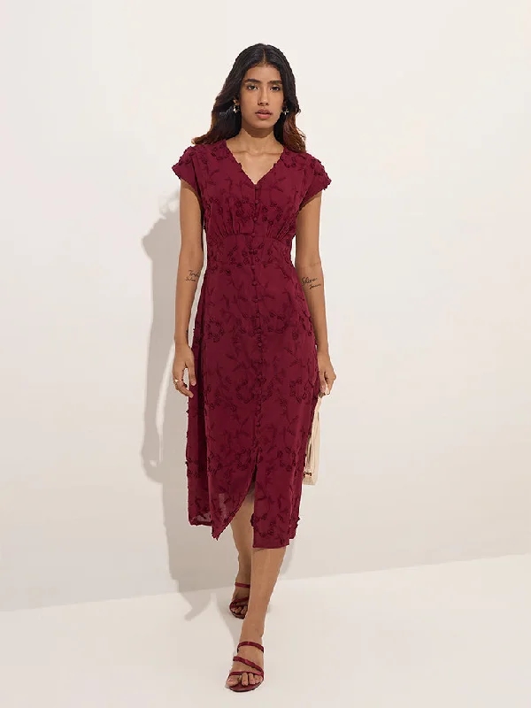 LOV Burgundy Floral-Detailed Cotton A-Line Dress Tunics Spring floral