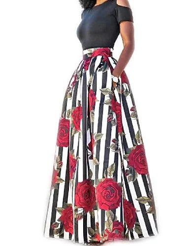 Women's Holiday Cotton Two Piece Dress - Striped Floral Print Maxi Pencil Office Professional