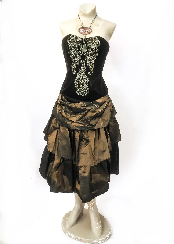 1990s Vintage Bronze Taffeta & Gold Steampunk Strapless Cocktail Dress Tunics Versatile all-occasion