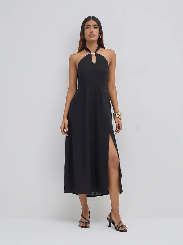 LOV Black Halter-Neck A-Line Dress Tunics Summer linen