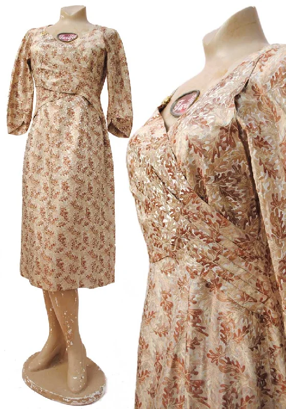 1940s Vintage Beige Silk Brocade Cocktail Dress with Oak Leaf Design Tunics Luxurious premium