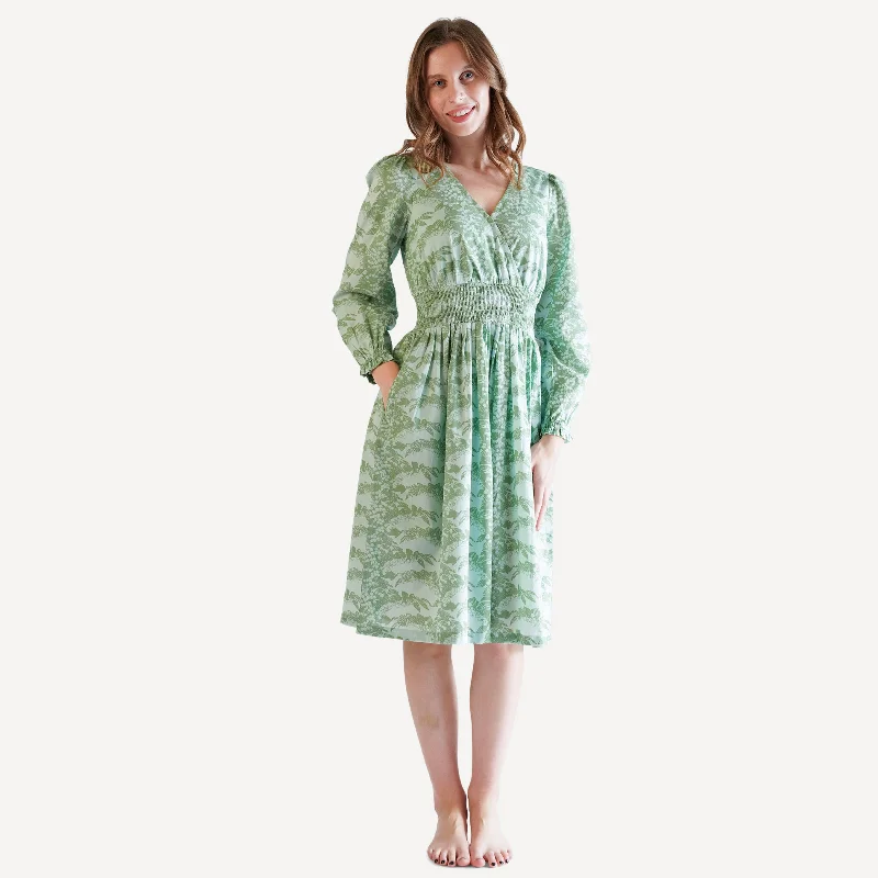 womens long sleeve smocked v-neck dress | green lily | organic cotton woven Tunics Business professional