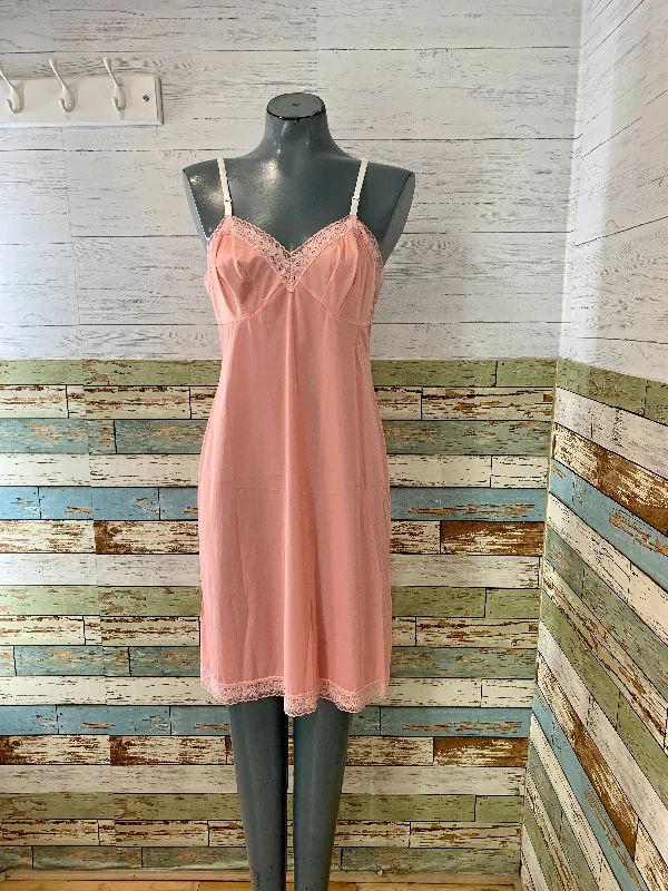 60s Salmon Pink Lace Trim Midi Slip Dress Tunics Office stylish