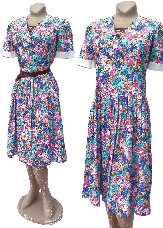 1980s Vintage Handmade Floral Cotton Short Sleeve Summer Dress Tunics Versatile stylish