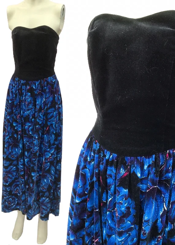 1970s Vintage Black & Blue Floral Velvet Strapless Cocktail Dress 💙 XS Tunics Practical easy-care