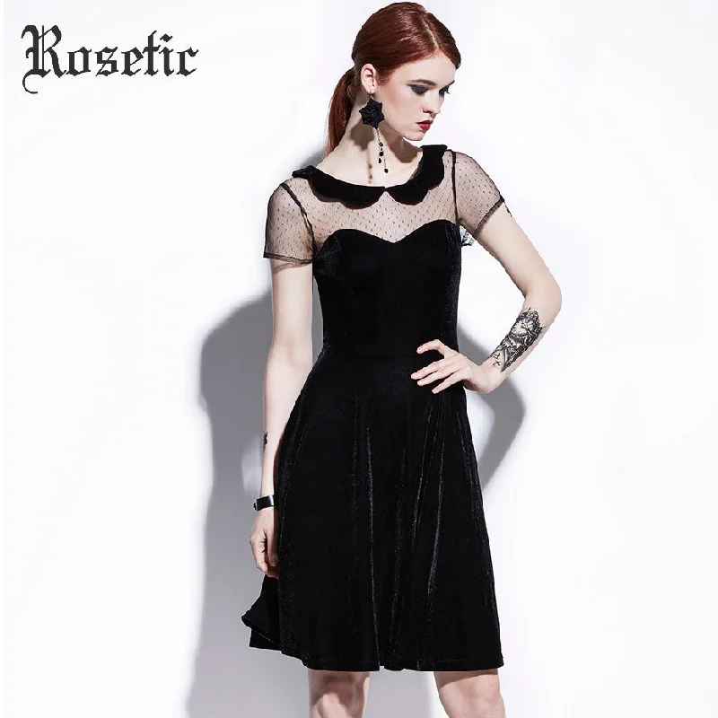 Rosetic Gothic Casual Dress Summer Women Black A-Line Poly Spun Velour Hollow Party Preppy Fashion Slim Mesh Vintage Goth Dress Tunics Polka dots