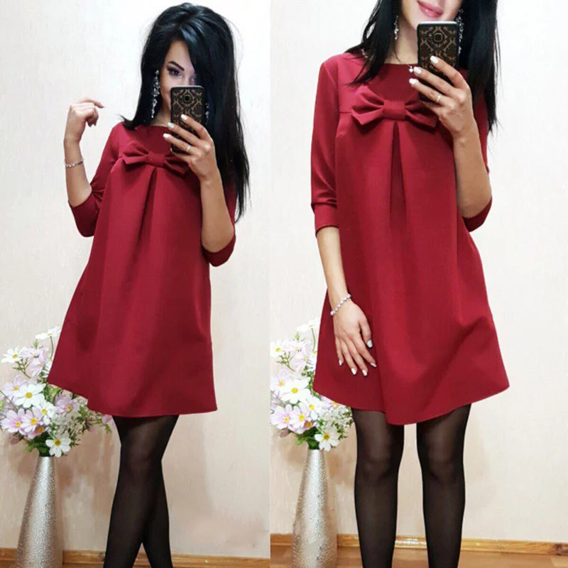 Women Elegant Spring Red Green Dress O-neck 3/4 Sleeve Casual Loose Dress Tunics Floral girly