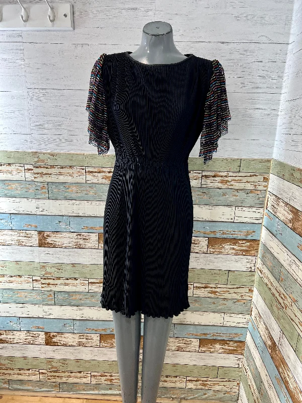 80’s Black Pleated Dress with Multicolor Stripe Sleeve by Blanes London A-Line Day Work