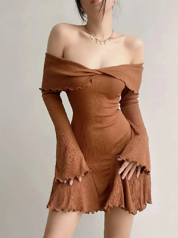 'Maple' Casual Off Shoulder Knitted A-Line Ruffle Dress Tunics Mesh breathable