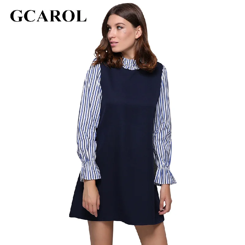 GCAROL Women New Striped Sleeve Spliced Dress Standard Collar Fake Two Pieces Dress Vintage Retro Spring Autumn Winter Dress Tunics Silk luxurious