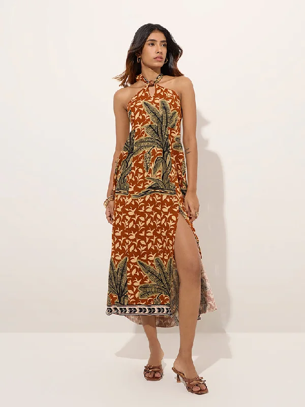 LOV Brown Tropical Printed A-Line Dress Tunics Seasonal trendy