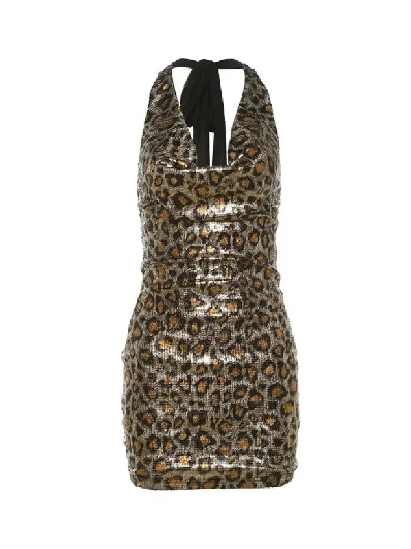 'Lil Leopard' Y2k Shibuya Girls Cheetah Print Glitter Dress Tunics Satin smooth