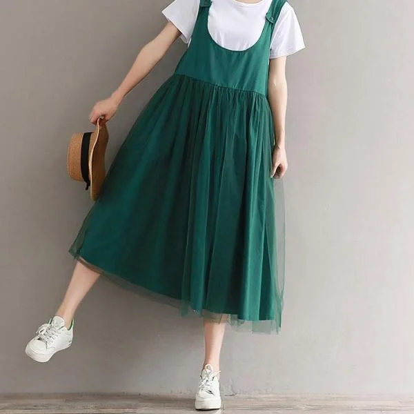 Mferlier Mori Girl Sleeveless Green Summer Dress O Neck Mesh Patchwork Loose Casual Women Solid All Match Artsy Tunics Denim casual