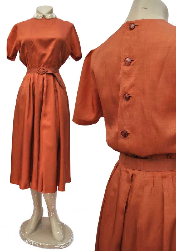 1940s Vintage Copper Silk Shirtwaister Dress • Summer Tea Dress Pencil Office Professional