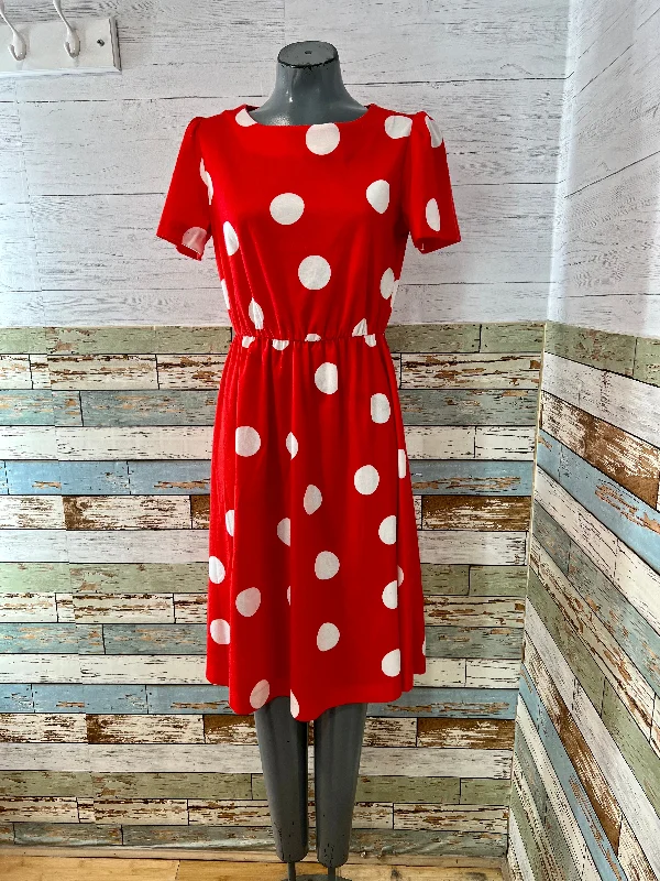 80’s Red With Big Dots Off White Shorts Sleeve & Elastic Waist Dress Off-the-shoulder Chic Trendy