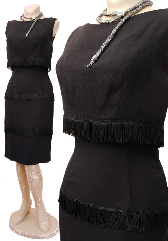 1960s Vintage Black Fringed Wiggle Dress Tunics Cozy comfortable