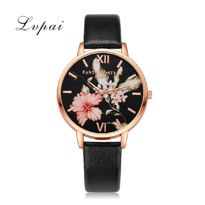 Lvpai Brand Women Bracelet Watch Fashion Rose Gold Flowers Leather Simple Women Dress Watches Luxury Business Gift Clock Watch Tunics Fashionable chic