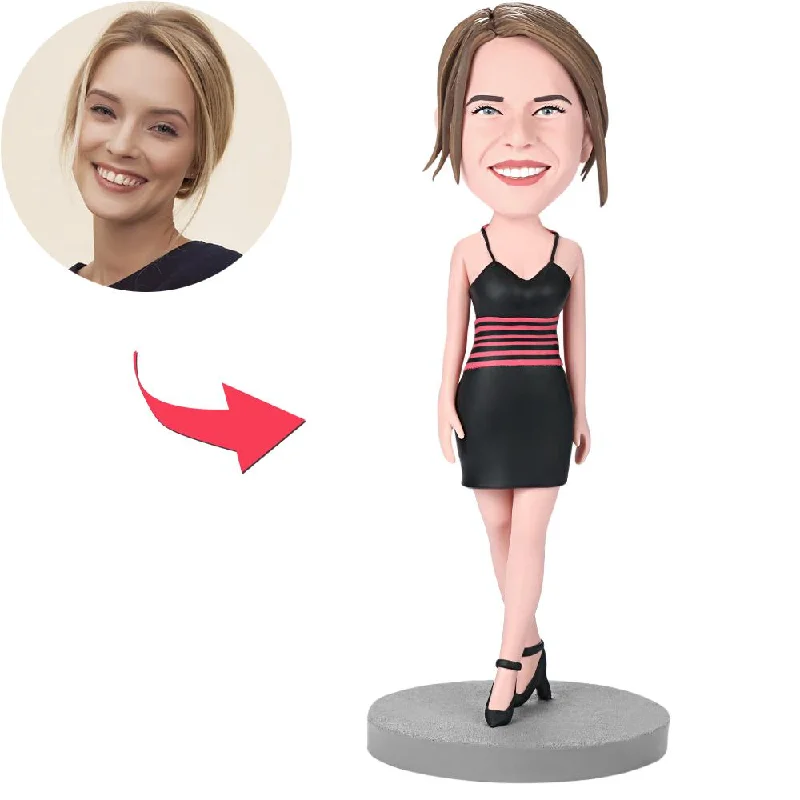 Female Wearing A Black Dress Custom Bobblehead With Engraved Text Tunics Polka dots