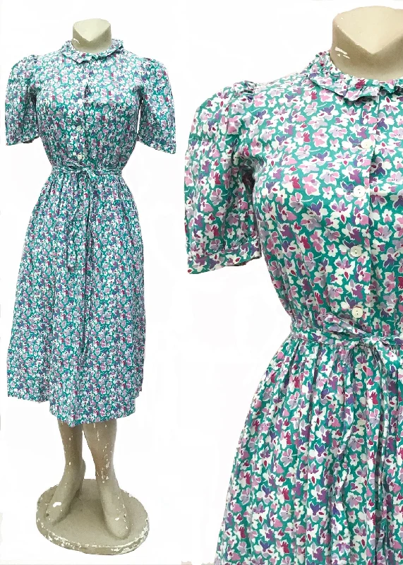 Vintage Lilac Turquoise Floral Cotton Summer Tea Dress Tunics Trendy modern