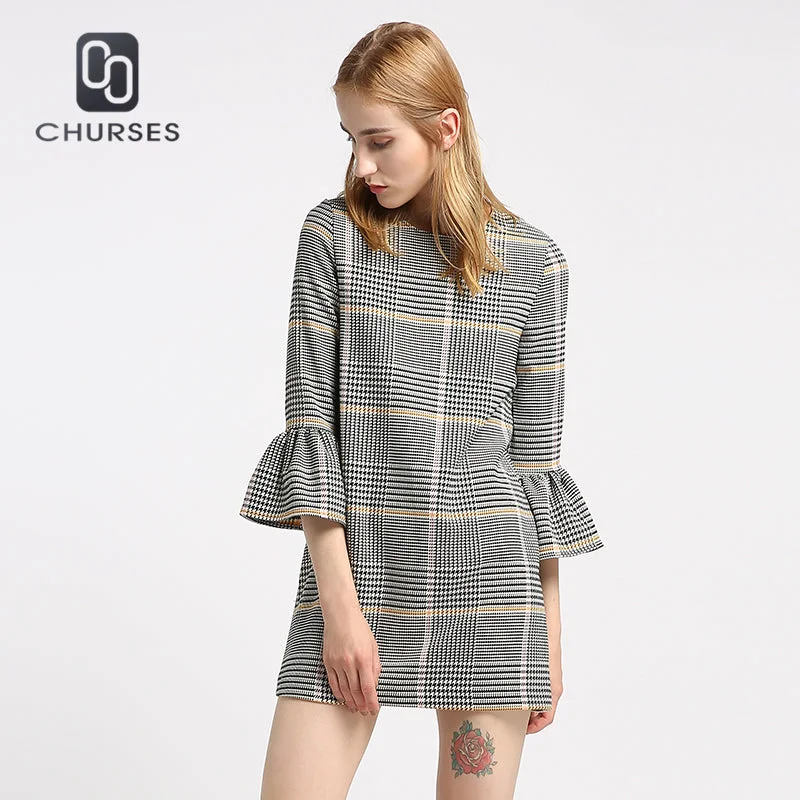 CHURSES 2017 new fashion women plaid dress autumn elegant checkered flare ruffle sleeve loose casual sweet dresses vestidos Tunics Custom made