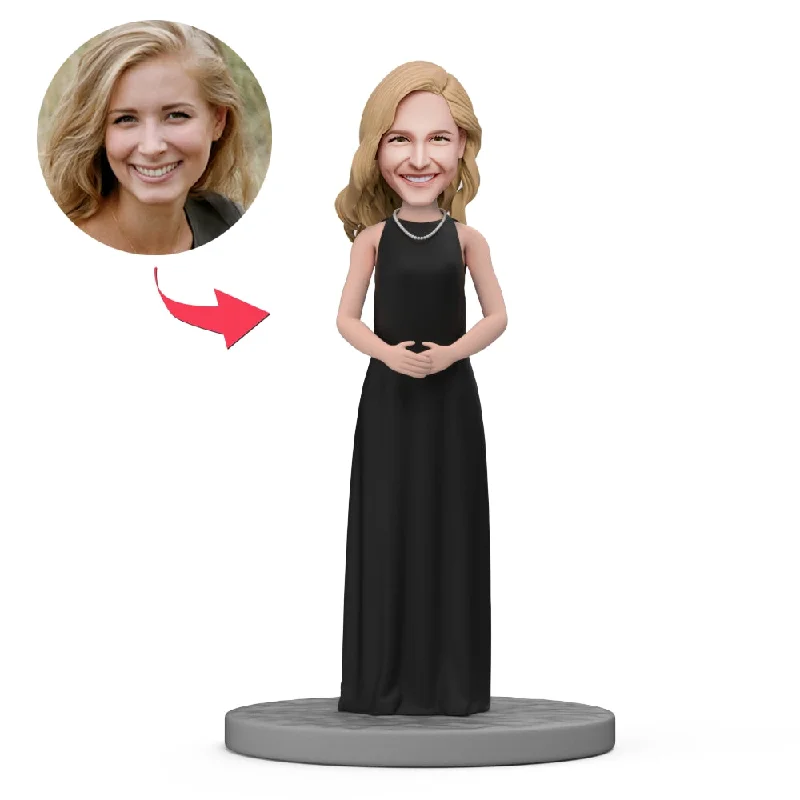 Custom Bobblehead A Noble Lady Wearing A Black Long Dress Tunics Office stylish