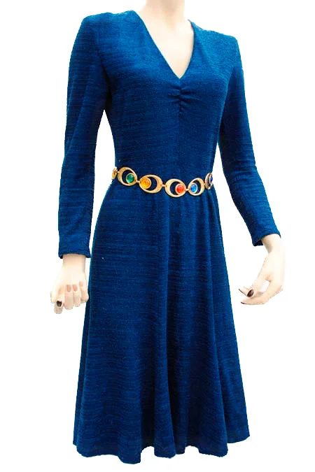 1970s Cobalt Blue Boucle Knitted Polyester Long Sleeved Flared Dress Tunics Custom made