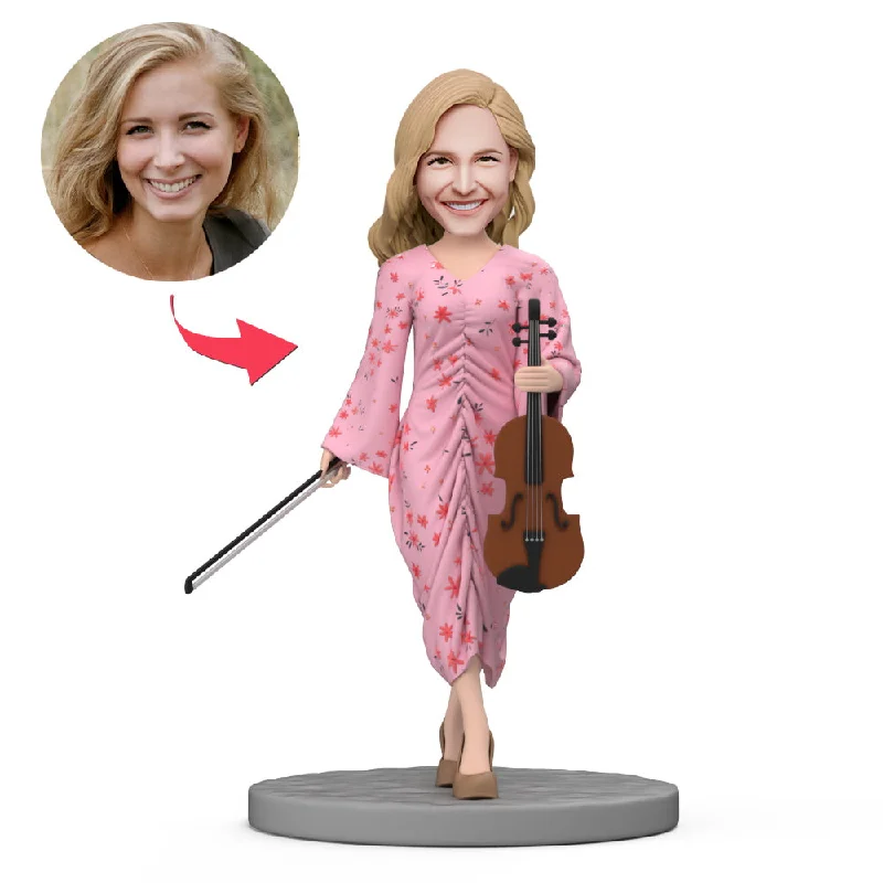 Custom Bobbleheads Woman Wear Pink Dress Hold Violin with Engraved Text Tunics Formal black