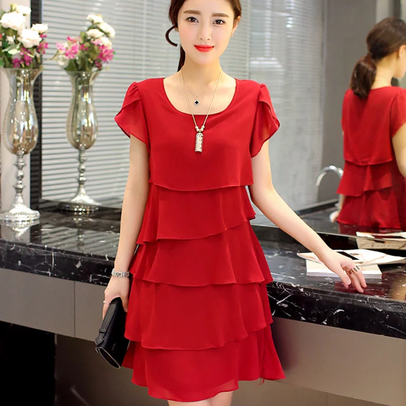 Summer Chiffon Dress The New Fashion Women Plus Size 5XL Loose Cascading Ruffle Red Dresses Causal Ladies Elegant Party Cocktail Tunics Exclusive limited