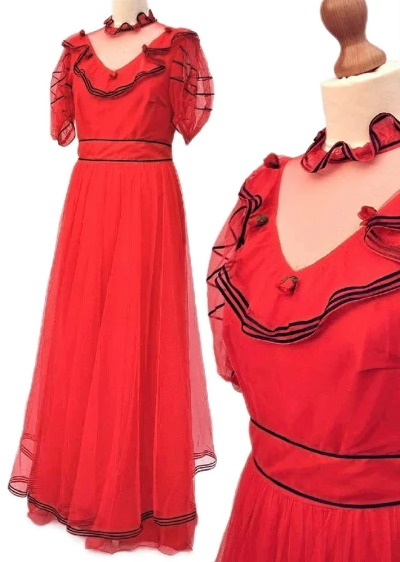 1980s Vintage Red Evening Prom Dress • Ball Gown Tunics Sophisticated sleek