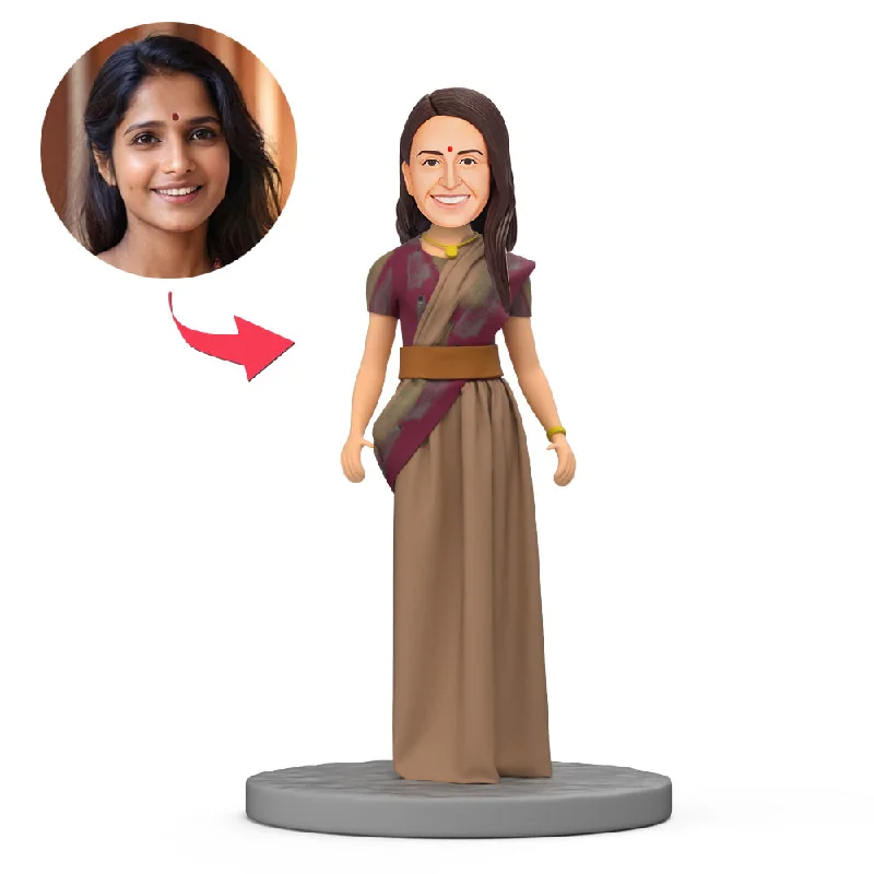 Indian Woman Wear Brown Dress Custom Bobblehead with Engraved Text Tunics Bridal satin