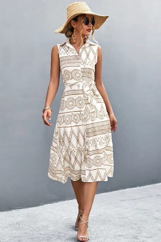 Printed Button Front Tie-Waist Sleeveless Collared Dress Tunics Brand named