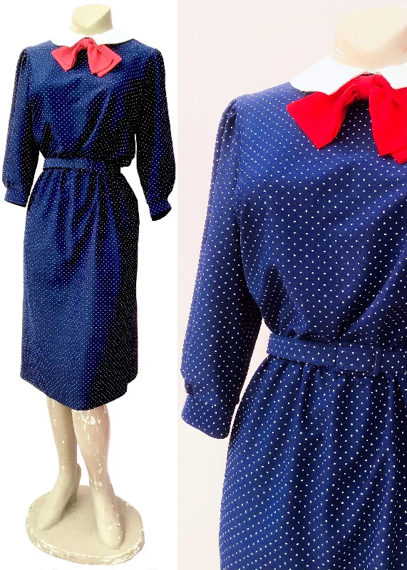 1970s Blue Swiss Dot Dress With Peter Pan Collar and Red Bow Tunics Timeless classic