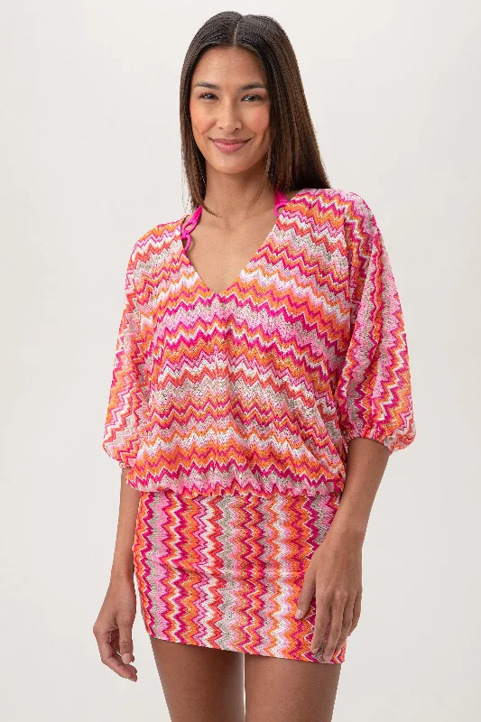 Women's Zen Zig Zag Crochet V-Neck Short Swim Cover-Up Dress Crew Neckline Casual