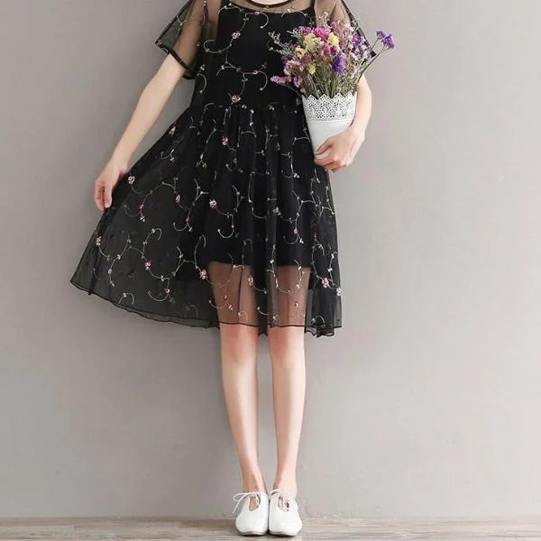 Mferlier Mori Girl Summer Mesh Embroidery Retro Dress O Neck Short Sleeve Women Artsy Waist Pleated Two Pieces Woman Dress Tunics Velvet soft