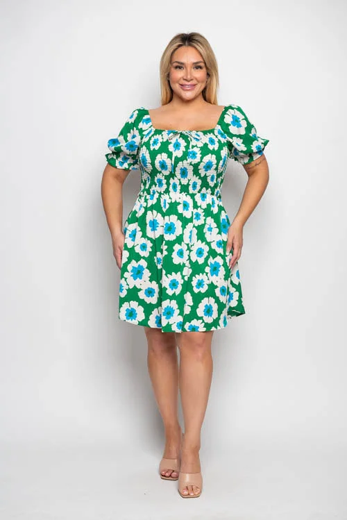 Floral Smocked Bodice Puff Sleeve A Line Dress Tunics Modern contemporary