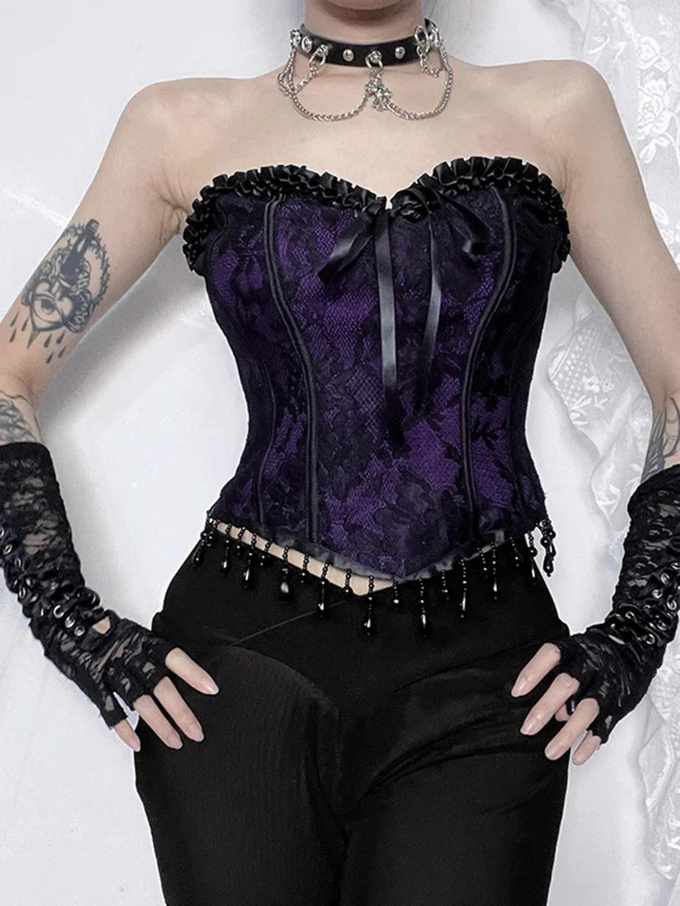 Wjczt  Aesthetic Gothic Purple Vest Women Vintage Cyber Punk Tassel Bandage Crop Tank Tops Streetwear Y2k E-girl Indie Clothes flirty tank top