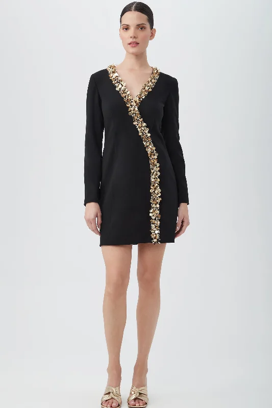 Darliah Black Long-Sleeve Cocktail Dress With Gold Trim Tunics Modern contemporary