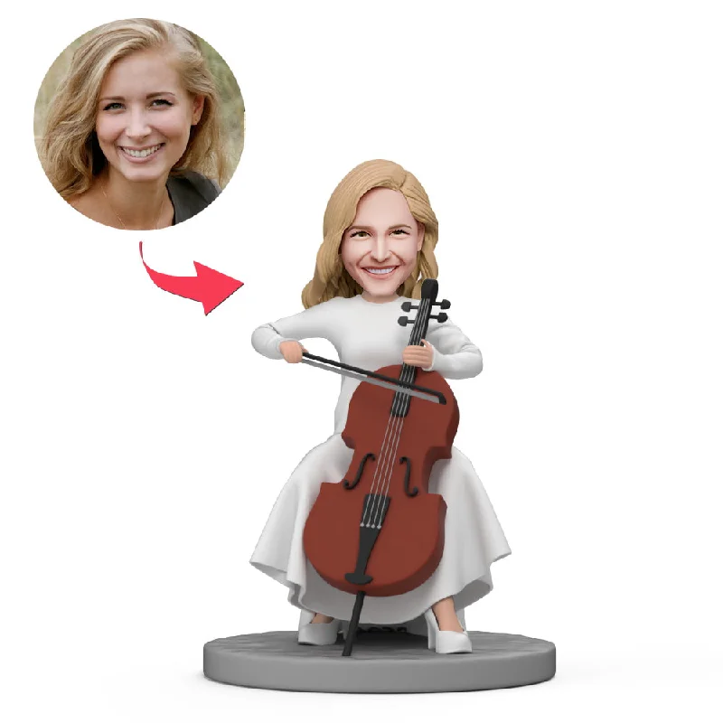 Cello Lady Wear White Dress Custom Bobblehead with Engraved Text Tunics Ceremony elegant