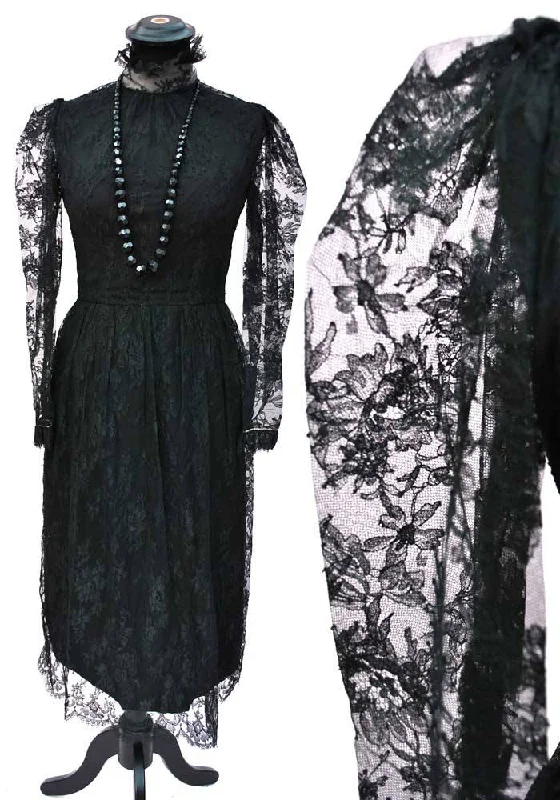 Vintage 60s Black Chantilly Lace Cocktail Dress 22" Waist • Little Black Dress • Gothic Floral Print girly