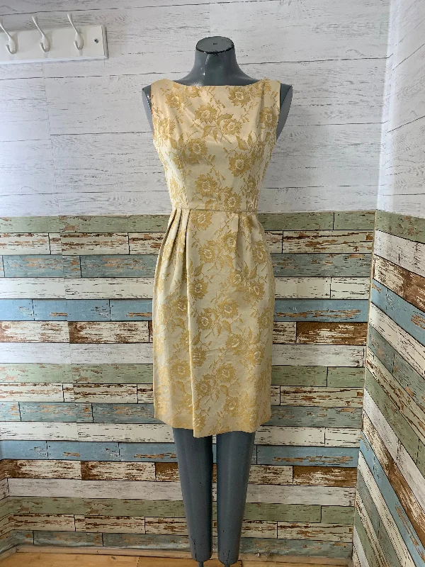 60s Beige And Yellow Floral Knee Length Fitted Dress Tunics Gym athletic