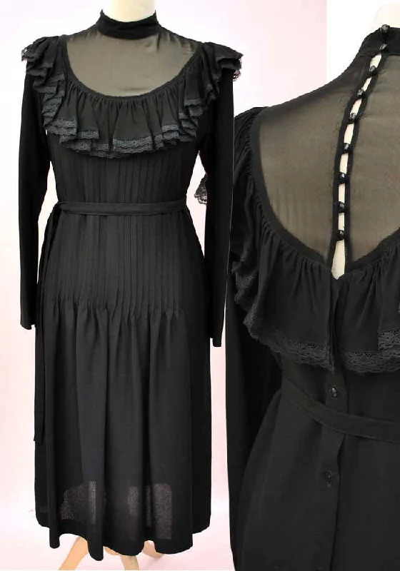 1970s Vintage Black Chiffon Pleated Cocktail Dress • Illusion Bodice Tunics Trendy modern