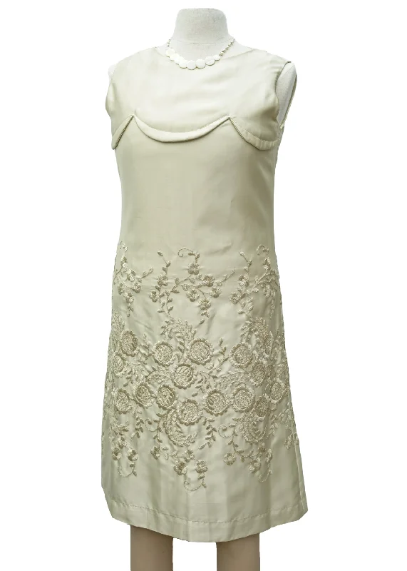 1960s Vintage Champagne Cream Satin Embroidered Shift Dress • Wedding Tunics Occasion special