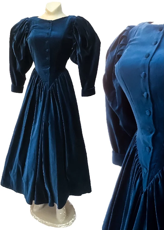 1980s Blue Vintage Velvet Droopy & Browns Victoriana Balloon Sleeve Dress | by Angela Holmes Tunics Luxurious high-end