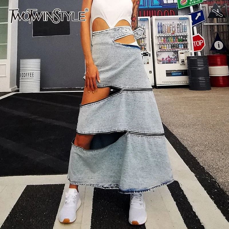 Loose Denim Skirt W/ Zipper denim skirt classic